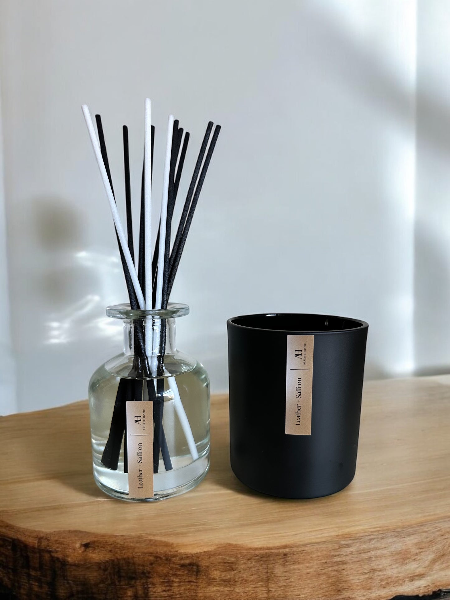Leather + Saffron Set: Clear Diffuser & Candle